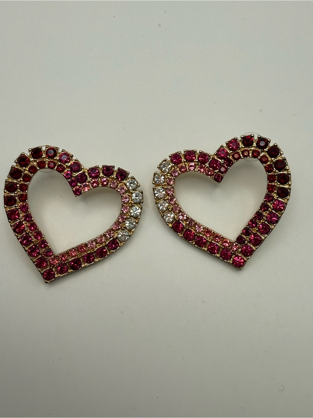 Heart Rhinestone Earrings Gold Tone Pink Red Crystal Open Heart Statement